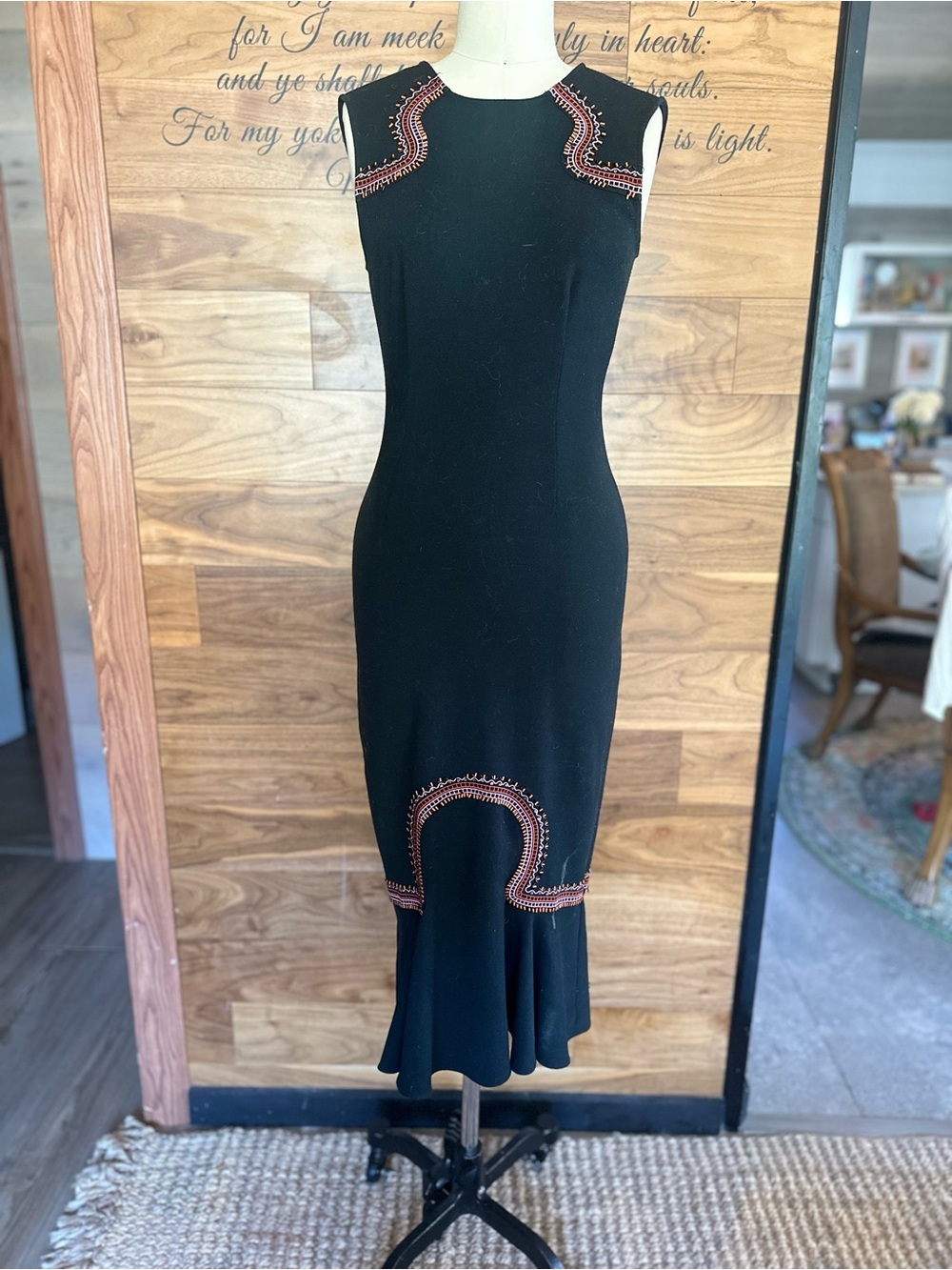 Opening Ceremony Black Sleeveless Midi Dress with Red Beaded Trim